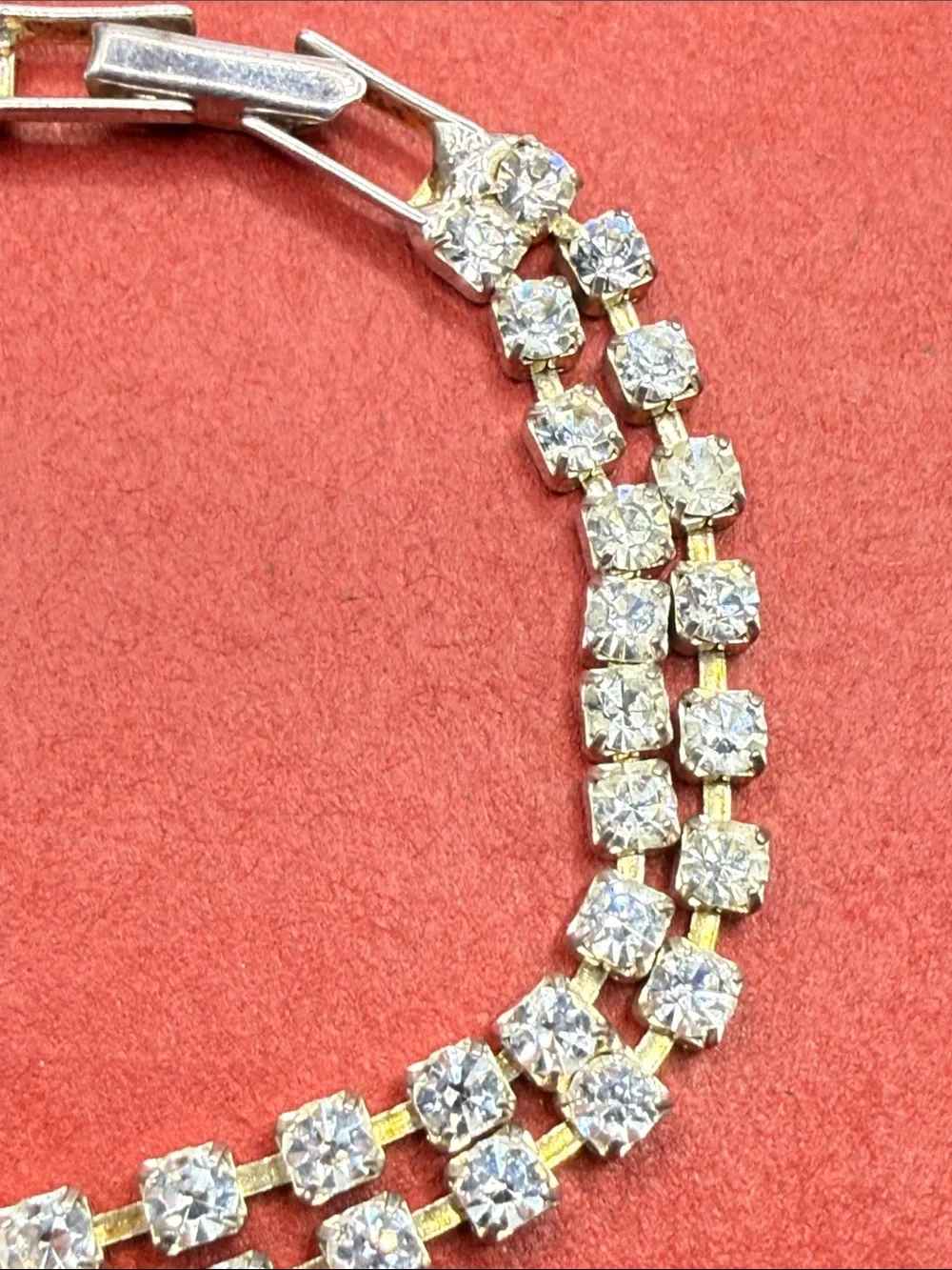 Vintage Gold-Tone Clear Crystal Double Row Tennis Bracelet prong set station